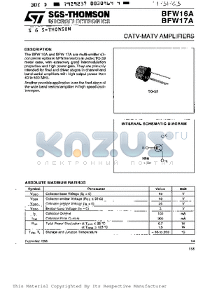 BFW16 datasheet - CATV-MATV AMPLIFIERS