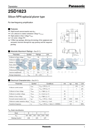 2SD1823 datasheet - Silicon NPN epitaxial planer type(For low-frequency amplification)