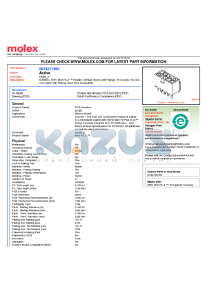 0874271692 datasheet - 4.20mm (.165) Mini-Fit Jr. Header, Vertical, Nylon, with Flange, 16 Circuits, Tin (Sn) over Nickel (Ni) Plating, Glow Wire Compatible