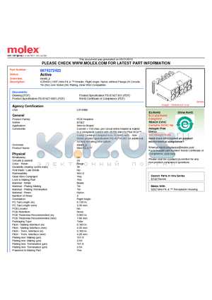 0874272422 datasheet - 4.20mm (.165) Mini-Fit Jr. Header, Right Angle, Nylon, without Flange,24 Circuits, Tin (Sn) over Nickel (Ni) Plating, Glow Wire Compatible