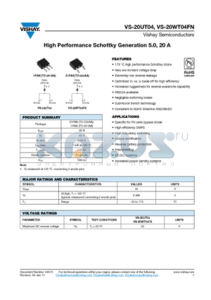 20WT04FNTR datasheet - High Performance Schottky Generation 5.0, 20 A