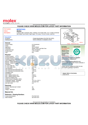 0875271612 datasheet - 2.50mm(.098) Connector Pitch, 3.00mm(.118) Power Pitch, 3-in-1 Combo Connector with Single Fuse Socket, Right Angle, 16 Circuits, Tin (Sn) Overall, Lead-free