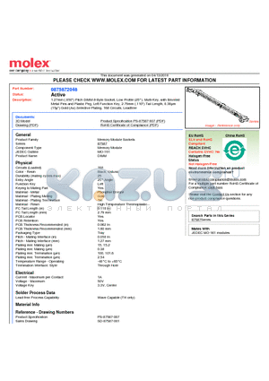 0875872048 datasheet - 1.27mm (.050) Pitch DIMM 8-Byte Socket, Low Profile (25`), Multi-Key, with Beveled Metal Pins and Plastic Peg, Left Function Key, 2.79mm (.110) Tail Length