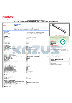 0876090071 datasheet - 1.27mm (.050) Pitch DIMM 8-Byte Socket, Right Angle, Multi-Key, 168 Circuits, with Beveled Metal Pins and Plastic Pegs, with Beige Latches, 3.56mm (.140) Tail Length