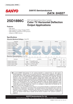 2SD1886C datasheet - NPN Triple Diffused Planar Silicon Transistor Color TV Horizontal Deflection Output Applications