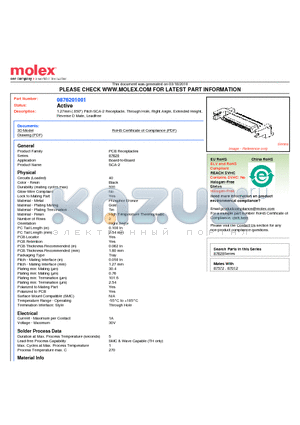 0876201001 datasheet - 1.27mm (.050) Pitch SCA-2 Receptacle, Through Hole, Right Angle, Extended Height, Reverse D Mate, Leadfree