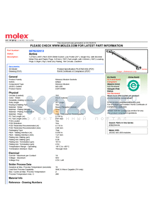 0876232013 datasheet - 1.27mm (.050) Pitch DDR DIMM Socket, Low Profile (25`), Single Key, with Beveled Metal Pins and Plastic Pegs, 3.81mm (.150) Tail Length