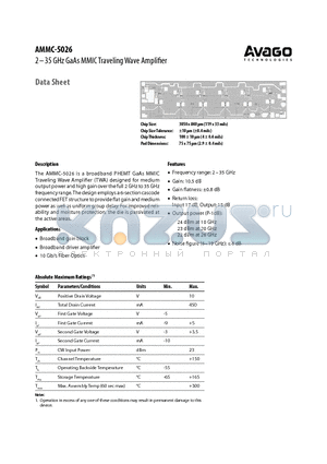 AMMC-5026-W10 datasheet - 2-35 GHz GaAs MMIC Traveling Wave Amplifier