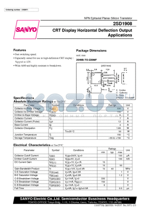 2SD1908 datasheet - CRT Display Horizontal Deflection Output Applications