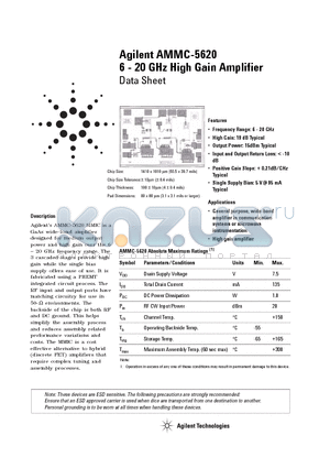 AMMC-5620 datasheet - Agilent AMMC-5620 6 - 20 GHz High Gain Amplifier