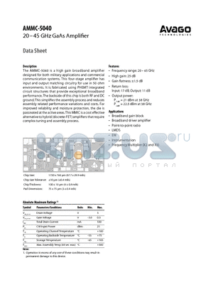 AMMC-5040-W10 datasheet - 20-45 GHz GaAs Amplifier