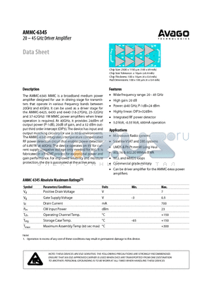 AMMC-6345-W50 datasheet - 20 - 45 GHz Driver Amplifier