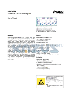 AMMC-6233 datasheet - 18 to 32 GHz GaAs Low Noise Amplifier