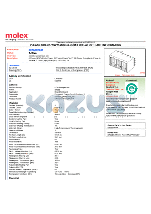 0876802001 datasheet - 6.35mm (.250) Pitch, Power, EXTreme PowerPlus All Power Receptacle, Press-fit, Vertical, 0.76lm (30l) Gold (Au), 2 Circuits, Tin