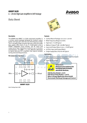 AMMP-5620-BLKG datasheet - 6  20 GHz High Gain Amplifier in SMT Package