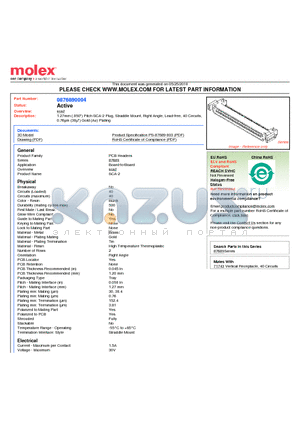 0876890004 datasheet - 1.27mm (.050) Pitch SCA-2 Plug, Straddle Mount, Right Angle, Lead-free, 40 Circuits, 0.76lm (30l) Gold (Au) Plating