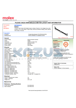 0876935311 datasheet - 1.27mm (.050) Pitch DDR DIMM Socket, Vertical, Press-fit, 2.5V Voltage Keys (Left), 3.32mm (.131) Tail Length, 0.76lm (30l) Gold (Au) Selective Plating, Clear Latches