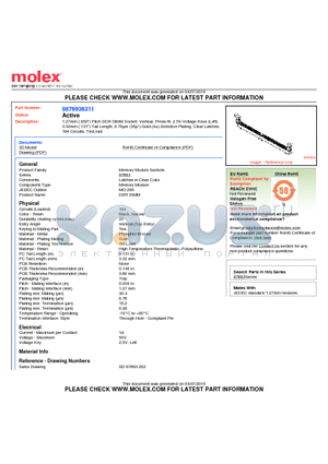 0876936311 datasheet - 1.27mm (.050) Pitch DDR DIMM Socket, Vertical, Press-fit, 2.5V Voltage Keys (Left), 3.32mm (.131) Tail Length, 0.76lm (30l) Gold (Au) Selective Plating, Clear Latches