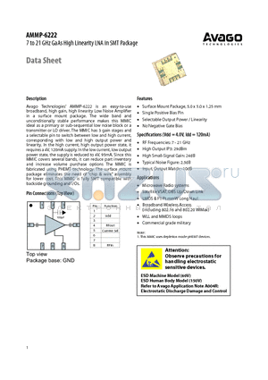 AMMP-6222-TR2G datasheet - 7 to 21 GHz GaAs High Linearity LNA in SMT Package