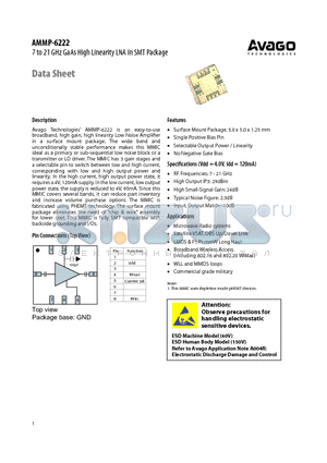 AMMP-6222-BLKG datasheet - 7 to 21 GHz GaAs High Linearity LNA in SMT Package