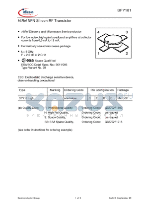 BFY181ES datasheet - HiRel NPN Silicon RF Transistor