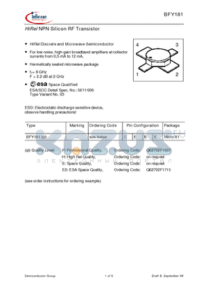 BFY181H datasheet - HiRel NPN Silicon RF Transistor