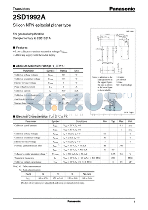 2SD1992A datasheet - Silicon NPN epitaxial planer type