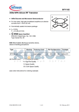 BFY182 datasheet - HiRel NPN Silicon RF Transistor