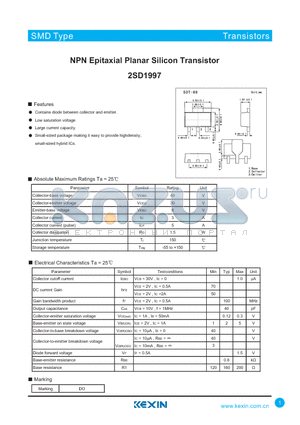 2SD1997 datasheet - NPN Epitaxial Planar Silicon Transistor