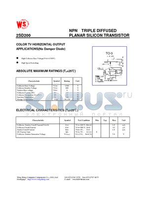 2SD200 datasheet - NPN TRIPLE DIFFUSED PLANAR SILICON TRANSISTOR(COLOR TV HORIZONTAL OUTPUT APPLICATIONS)