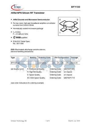 BFY183ES datasheet - HiRel NPN Silicon RF Transistor