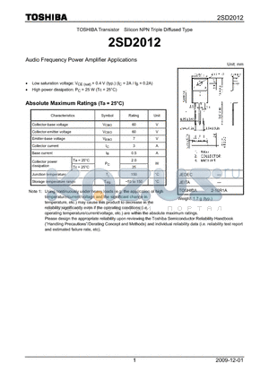 2SD2012 datasheet - Audio Frequency Power Amplifier Applications