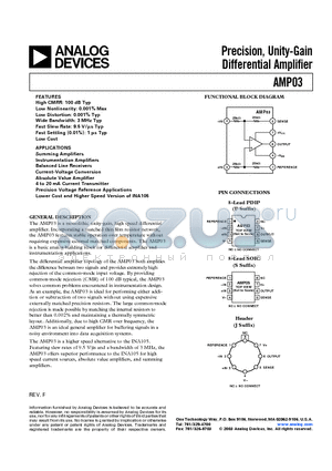 AMP03GS-REEL datasheet - Precision, Unity-Gain Differential Amplifier
