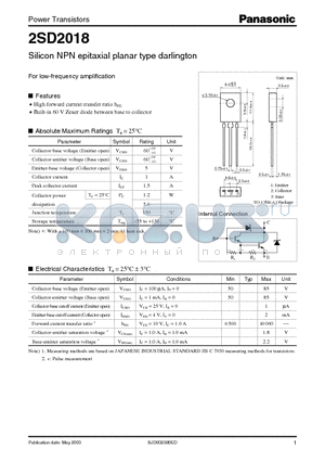 2SD2018 datasheet - Silicon NPN epitaxial planar type darlington