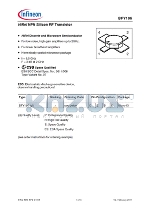 BFY196 datasheet - HiRel NPN Silicon RF Transistor