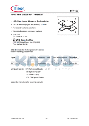 BFY193_11 datasheet - HiRel NPN Silicon RF Transistor