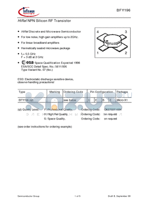 BFY196P datasheet - HiRel NPN Silicon RF Transistor