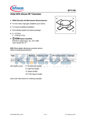 BFY196_11 datasheet - HiRel NPN Silicon RF Transistor