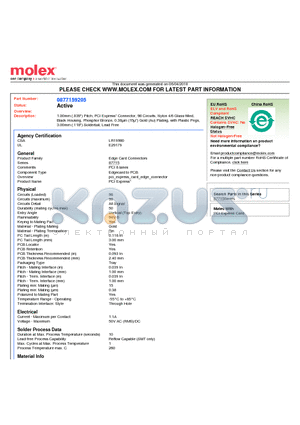 0877159205 datasheet - 1.00mm (.039) Pitch, PCI Express* Connector, 98 Circuits, Nylon 4/6 Glass-filled, Black Housing, Phosphor Bronze, 0.38lm (15l) Gold (Au) Plating, with Plastic Pegs