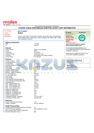 0877159602 datasheet - 1.00mm (.039) Pitch, PCI Express* Connector, 98 Circuits, Nylon 4/6 Glass-filled, Black Housing, Brass, 0.38lm (15l) Gold (Au) Plating, with Plastic Pegs