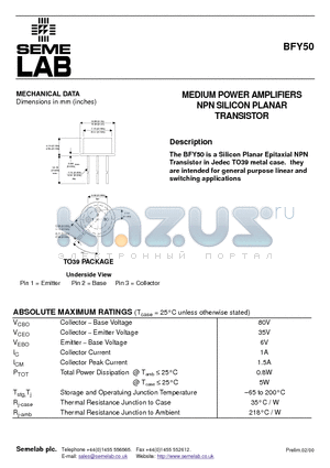 BFY50 datasheet - MEDIUM POWER AMPLIFIERS NPN SILICON PLANAR TRANSISTOR