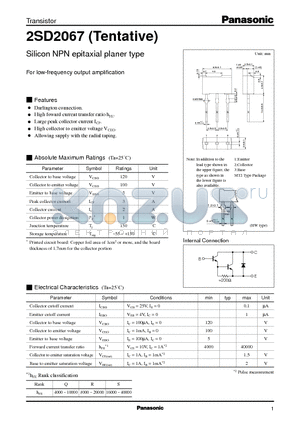 2SD2067 datasheet - Silicon NPN epitaxial planer type(For low-frequency output amplification)