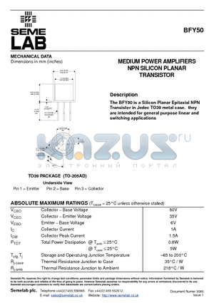 BFY50 datasheet - MEDIUM POWER AMPLIFIERS NPN SILICON PLANAR TRANSISTOR