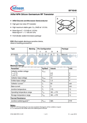 BFY640 datasheet - HiRel NPN Silicon Germanium RF Transistor