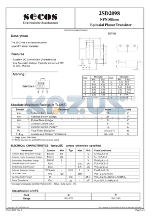 2SD2098 datasheet - NPN Silicon Epitaxial Planar Tra nsistor