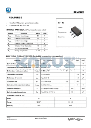 2SD2098 datasheet - Excellent DC current gain characteristics Complements the 2SB1386
