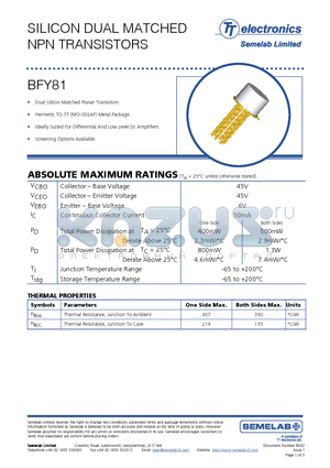 BFY81 datasheet - SILICON DUAL MATCHED NPN TRANSISTORS