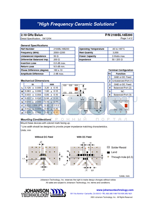 2100BL18B200 datasheet - 2.10 GHz Balun