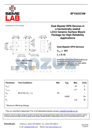 BFY82DCSM datasheet - Dual Bipolar NPN Devices in a hermetically sealed