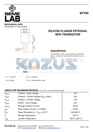 BFY90 datasheet - SILICON PLANAR EPITAXIAL NPN TRANSISTOR